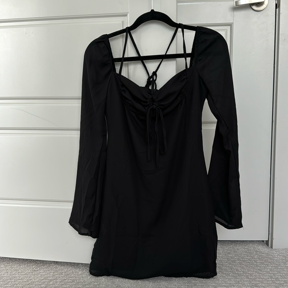 halter long sleeve black dress